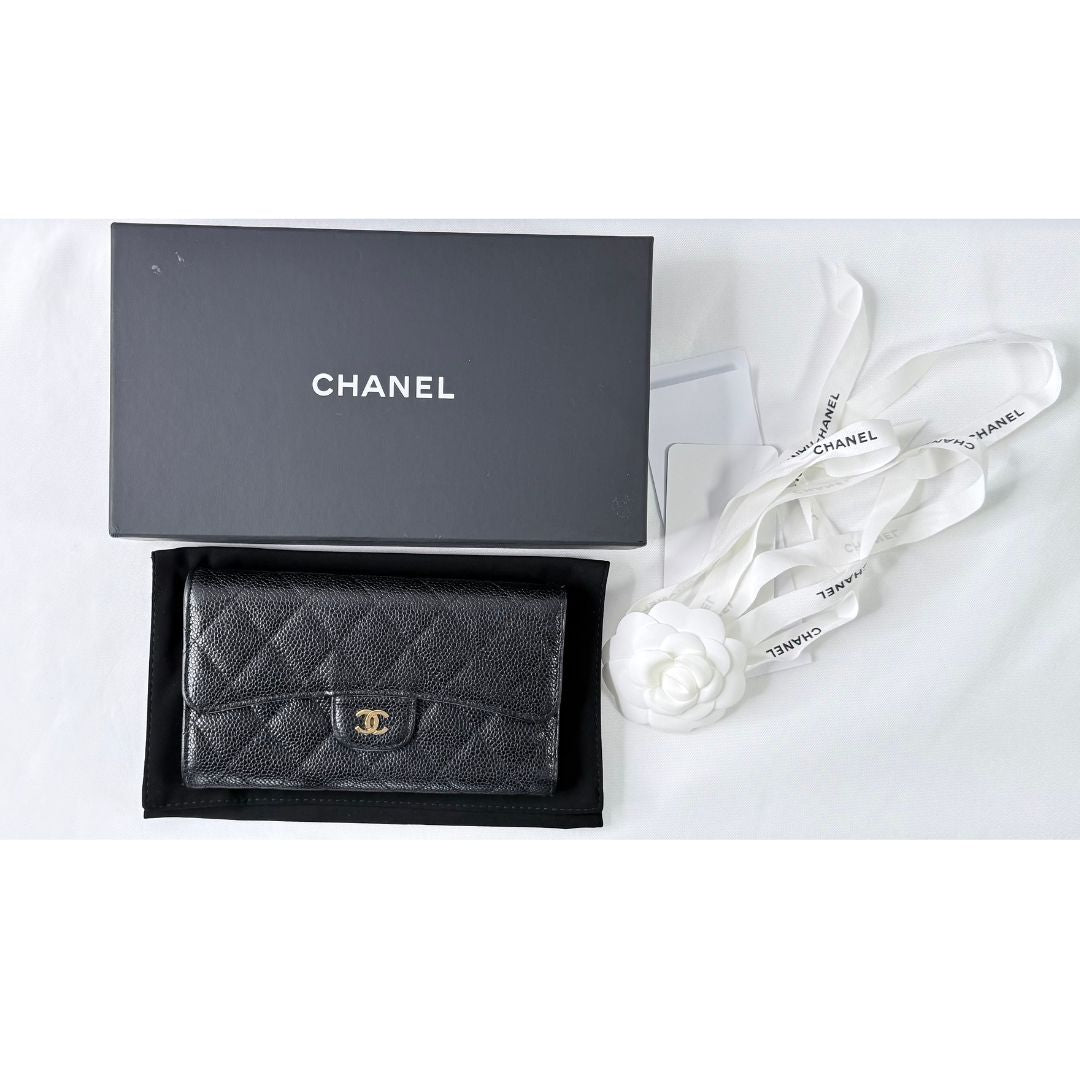 Chanel Black Caviar Classic Long Flap Wallet