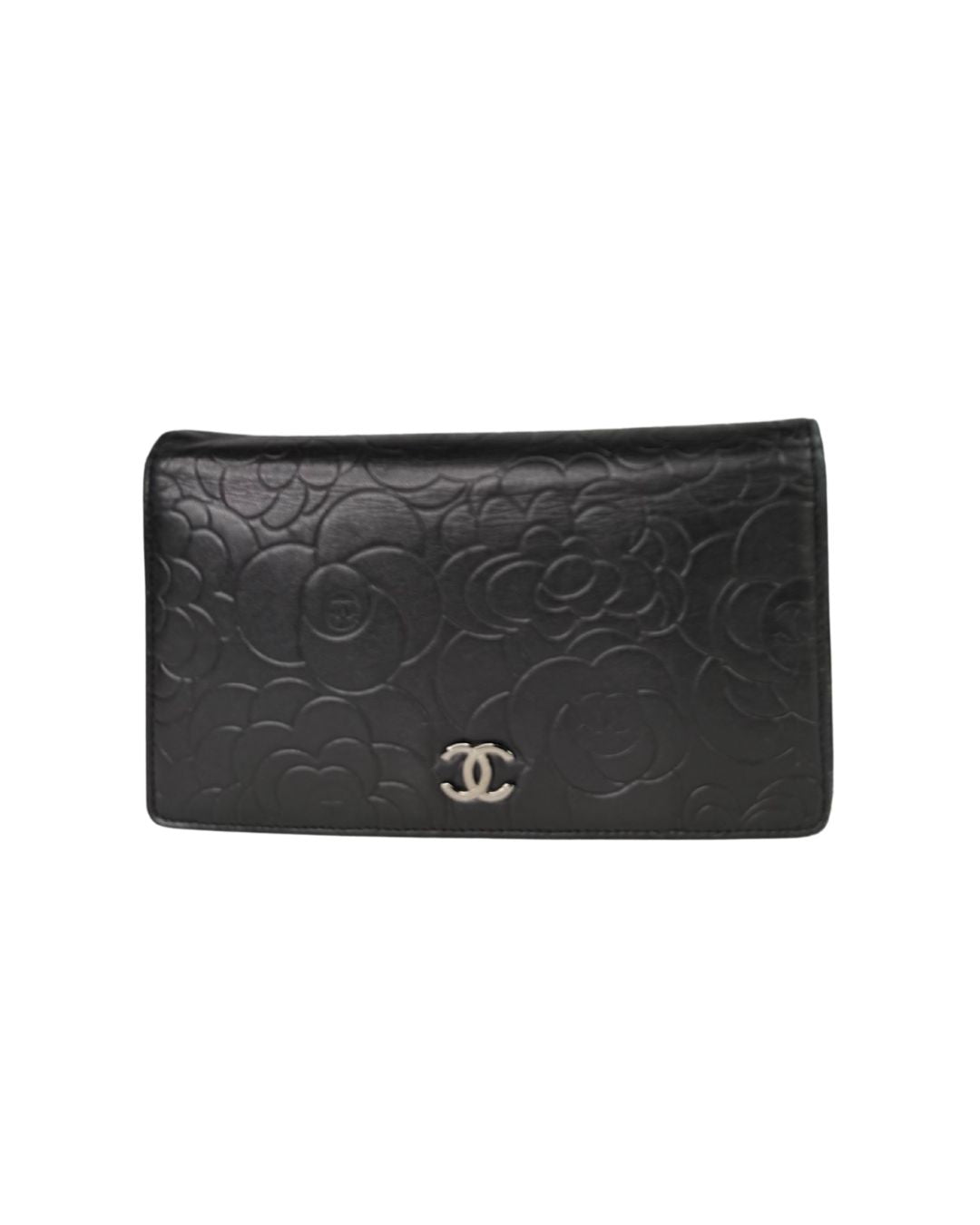 CHANEL Camellia Embossed Black Leather Long Wallet
