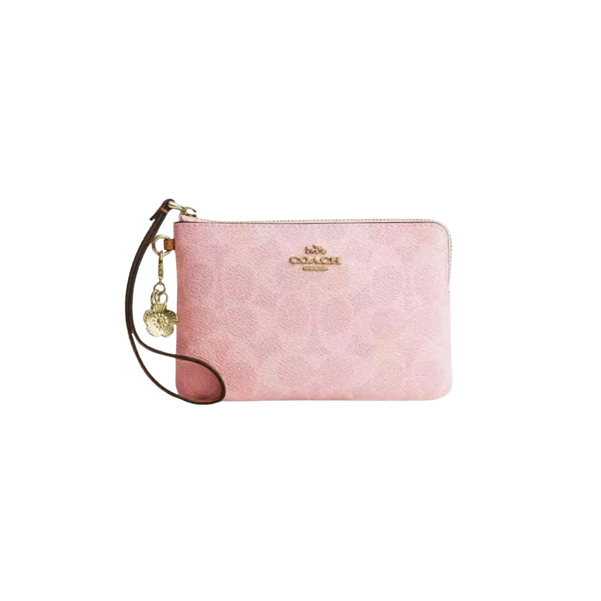 COACH Powder Pink Corner Zip Wristlet In Signature Canvas With Charms BNIB