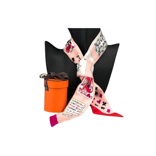 Hermès Jeux de Cartes Pink Silk Twilly Scarf
