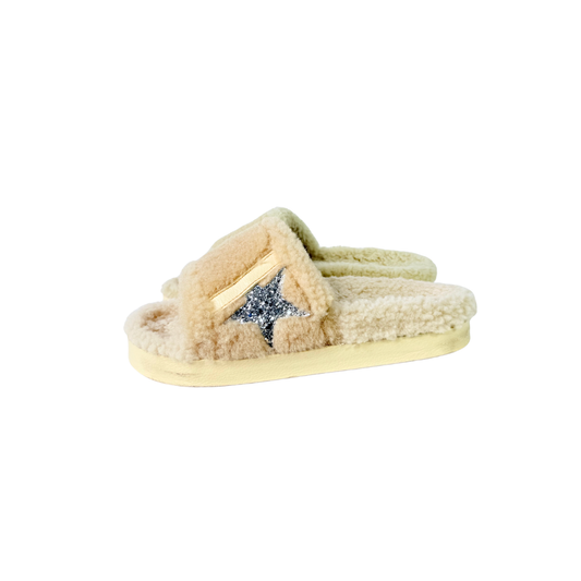 Golden Goose Poolstar Shearling Beige Silver Slide Sandals