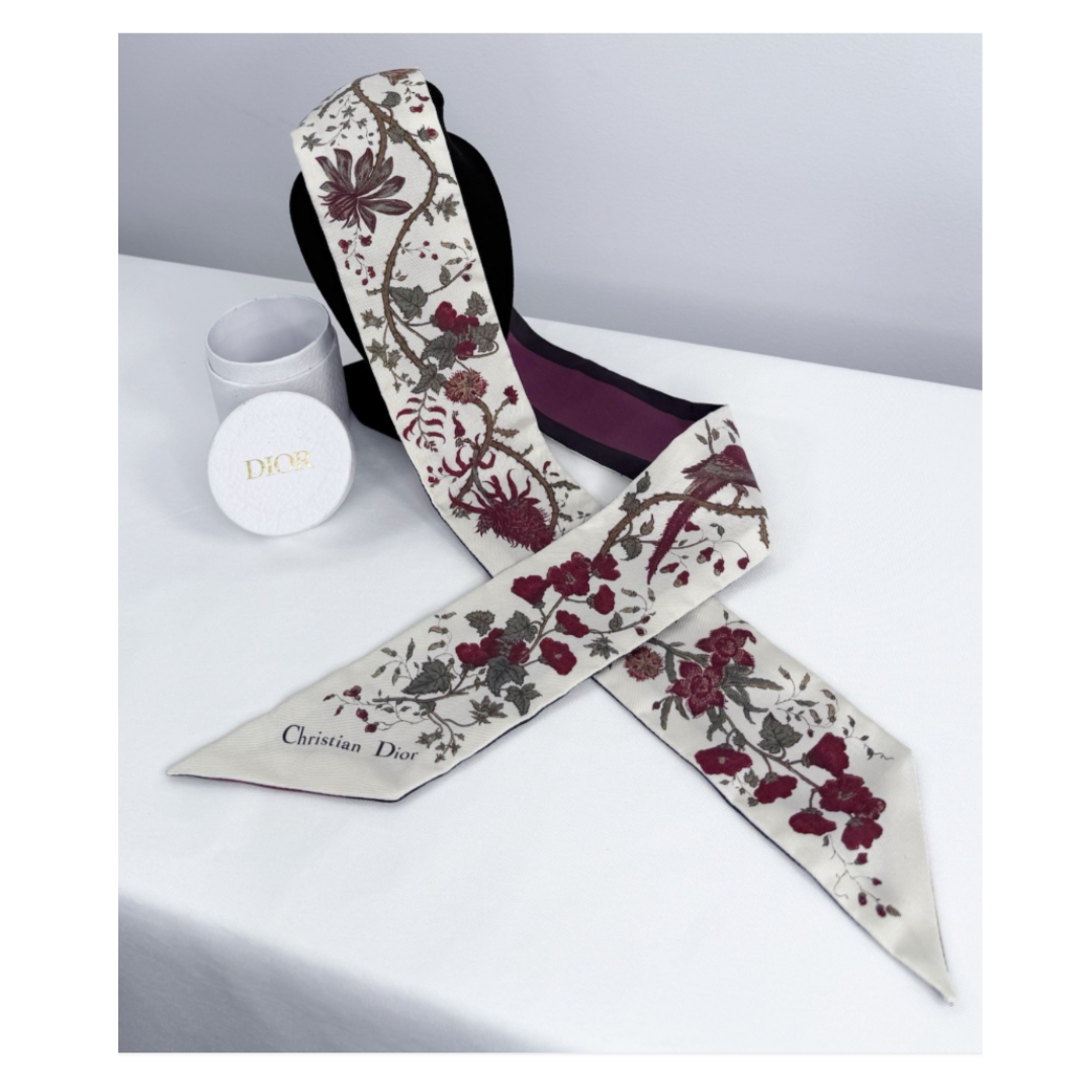 Dior Mitzah Scarf Silk Burgundy Logo and Floral Ivory Twilly