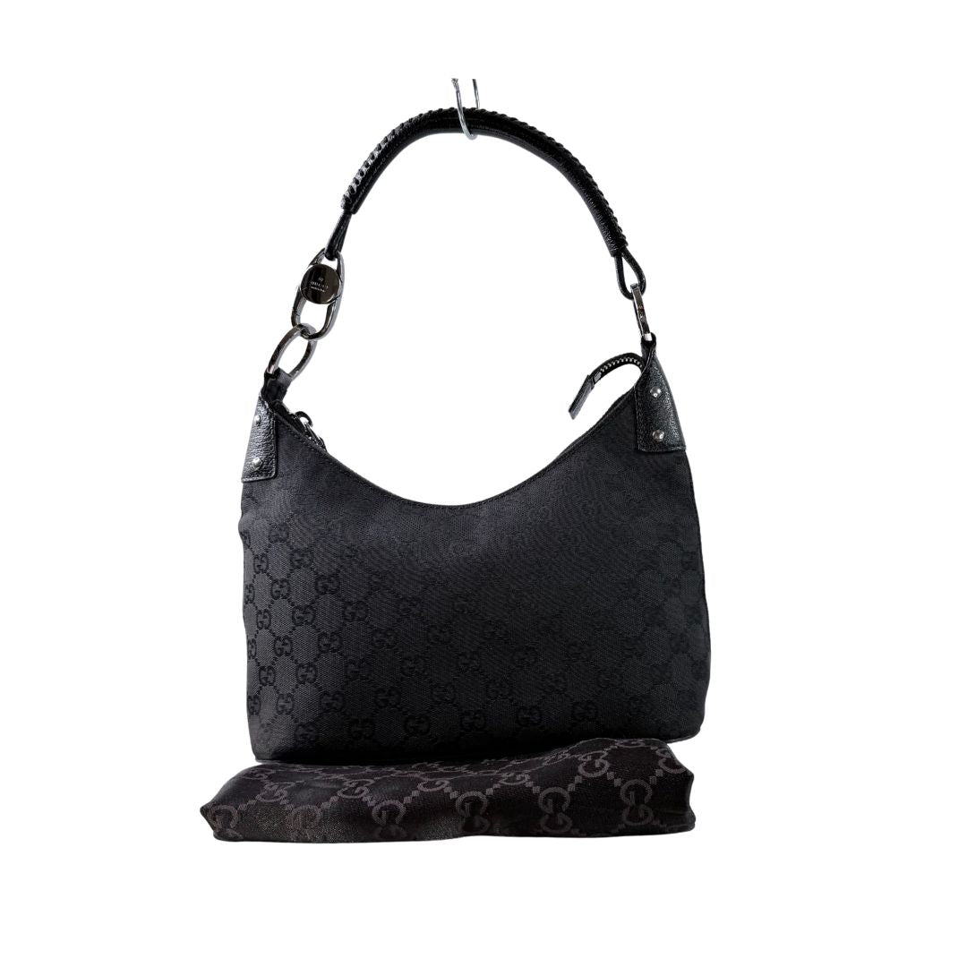 Gucci GG Canvas Leather Black Hobo Shoulder Bag