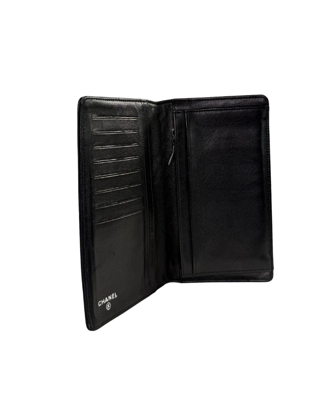 CHANEL Camellia Embossed Black Leather Long Wallet