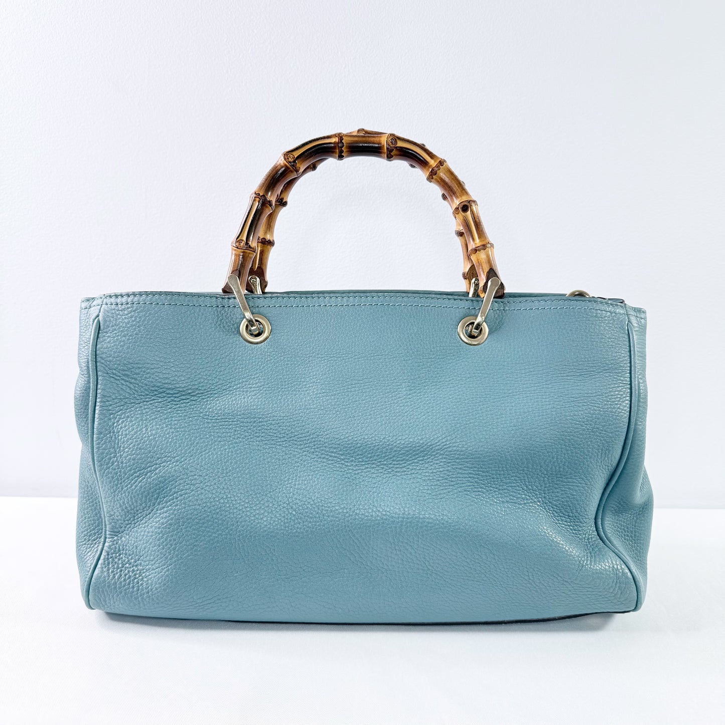 Gucci  Bamboo Pebbled Leather Blue Shopper Tote