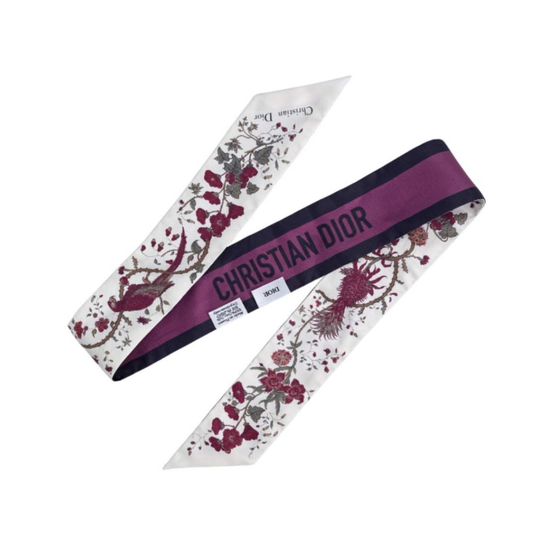Dior Mitzah Scarf Silk Burgundy Logo and Floral Ivory Twilly