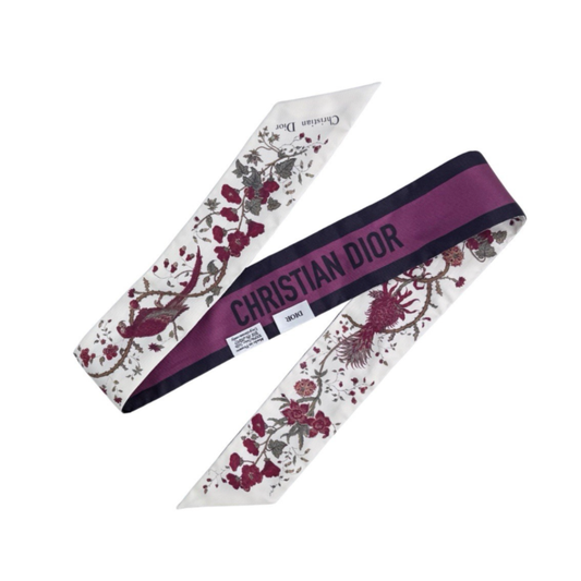Dior Mitzah Scarf Silk Burgundy Logo and Floral Ivory Twilly