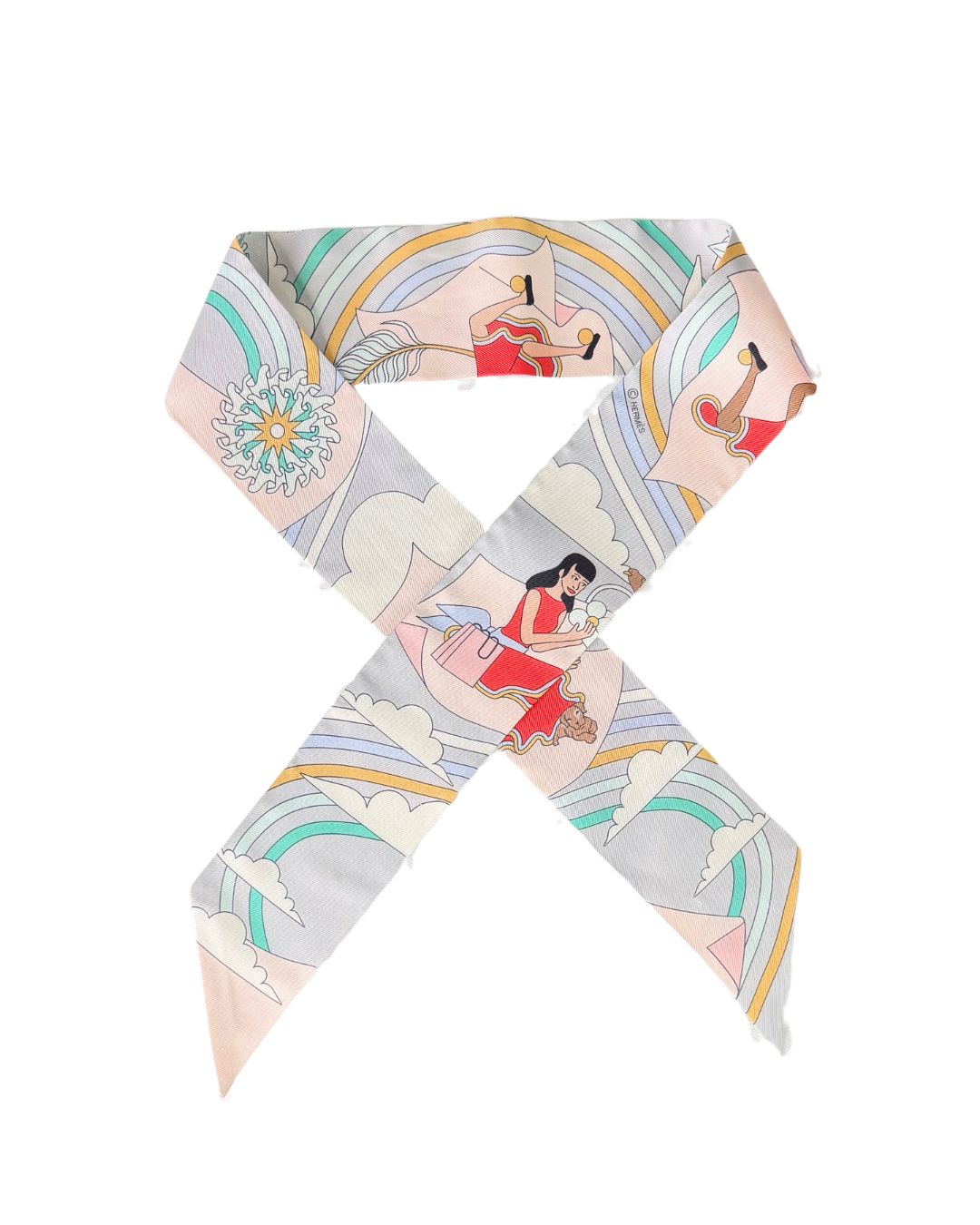 Hermès Carrés Volants Gris Perle Rose Pâle Grenadine Silk Twilly Scarf