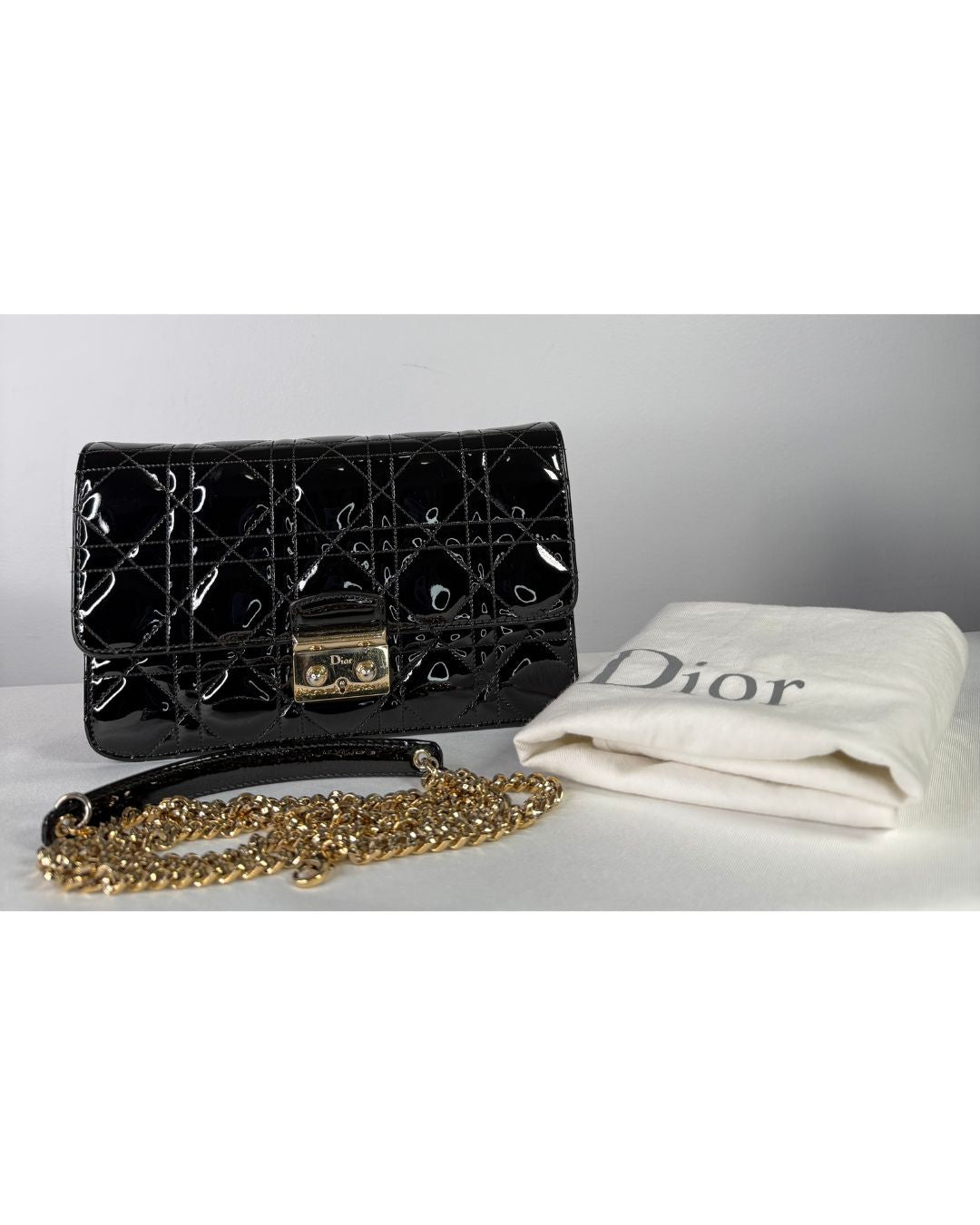 Christian Dior Miss Dior Promenade Patent Leather Black Wallet on Chain Bag