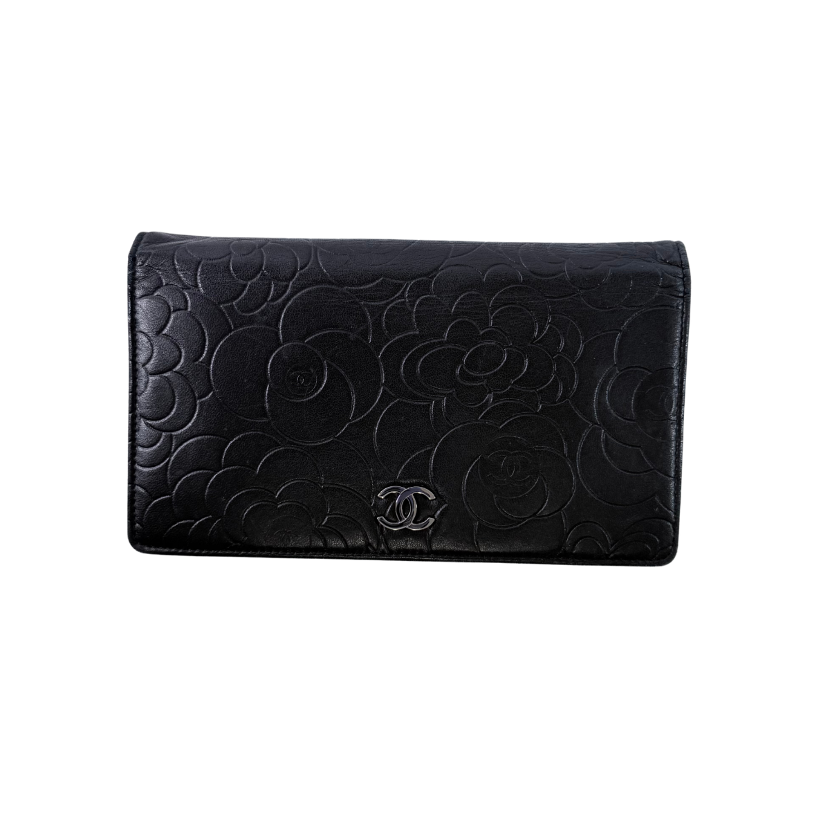 CHANEL Camellia Embossed Black Leather Long Wallet