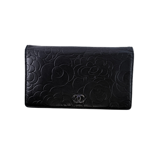 CHANEL Camellia Embossed Black Leather Long Wallet