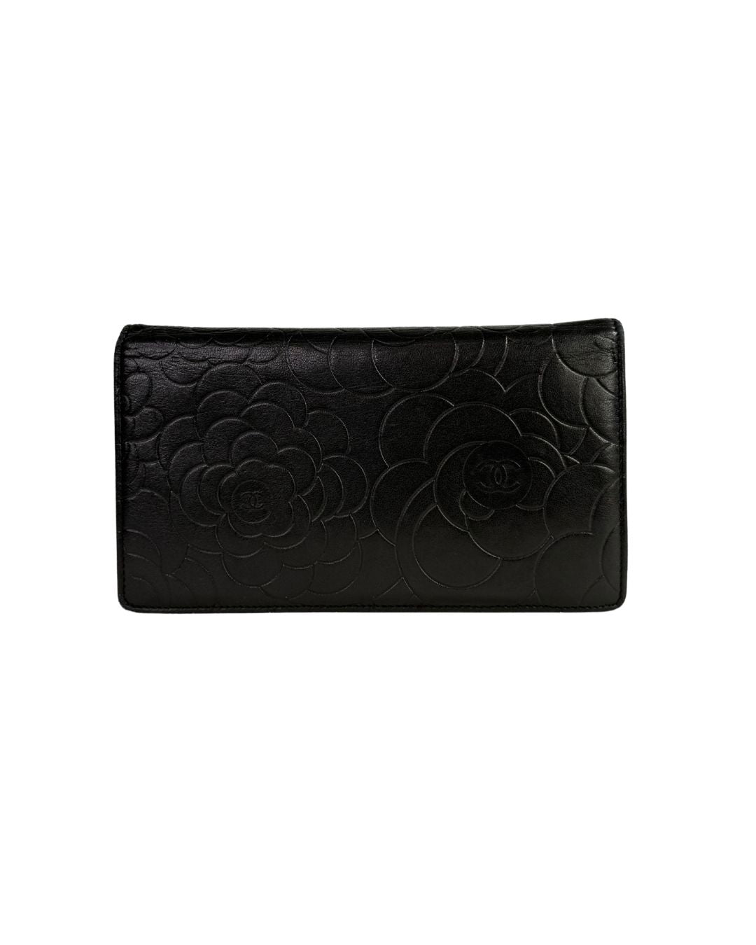 CHANEL Camellia Embossed Black Leather Long Wallet
