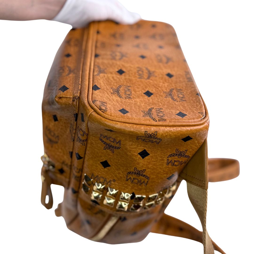 MCM Small Stark Side Studs Backpack in Visetos Cognac