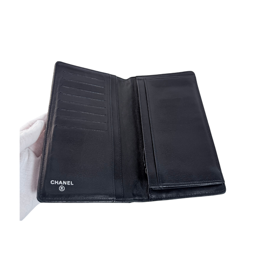 CHANEL Camellia Embossed Black Leather Long Wallet