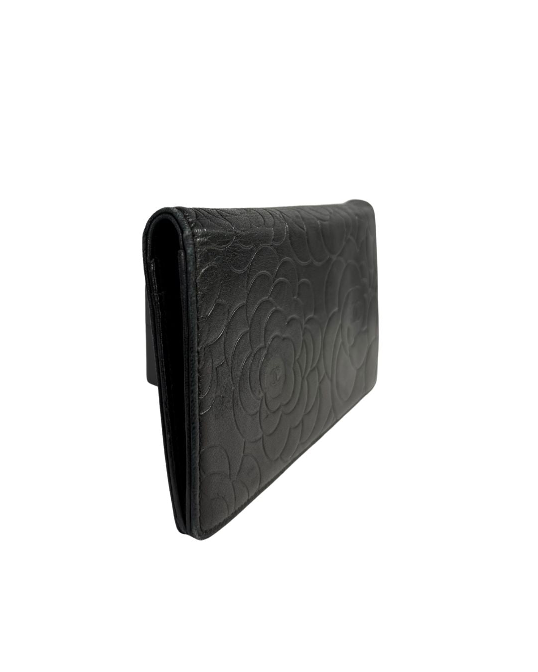 CHANEL Camellia Embossed Black Leather Long Wallet