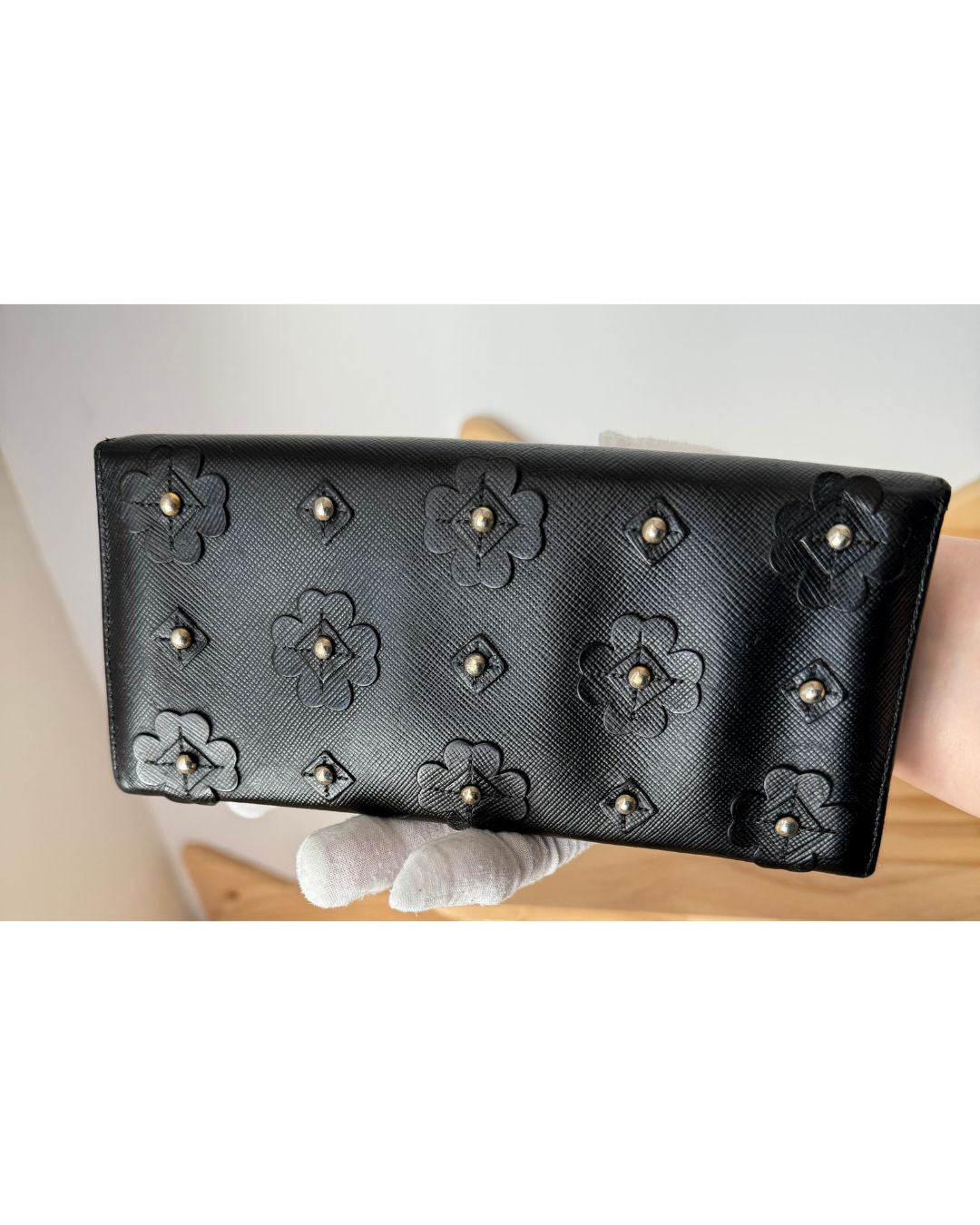 Prada Saffiano Leather Floral Appliqué Continental Flap Wallet Black