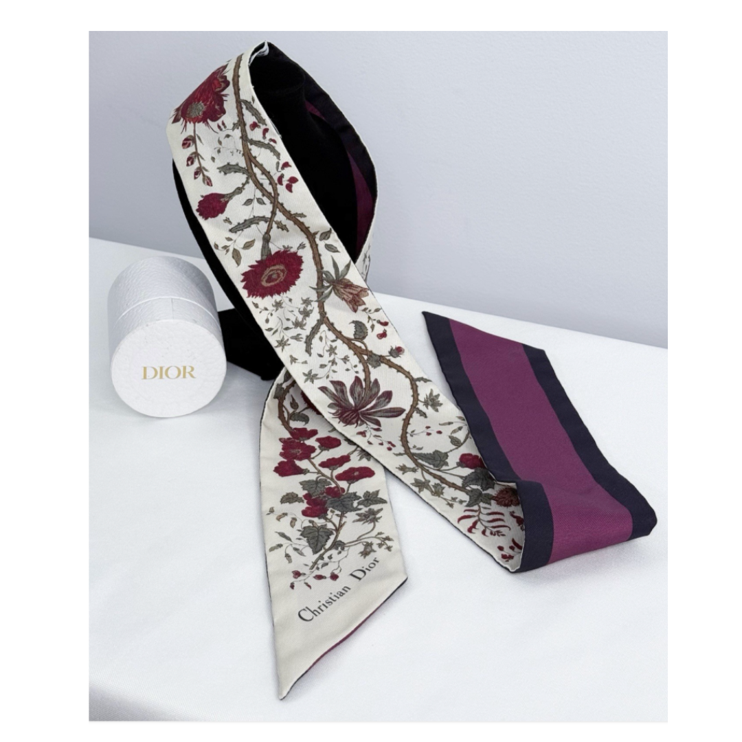 Dior Mitzah Scarf Silk Burgundy Logo and Floral Ivory Twilly