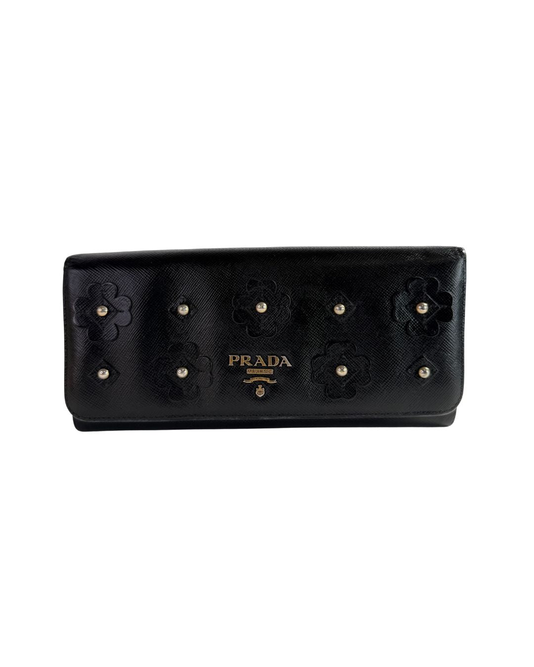 Prada Saffiano Leather Floral Appliqué Continental Flap Wallet Black