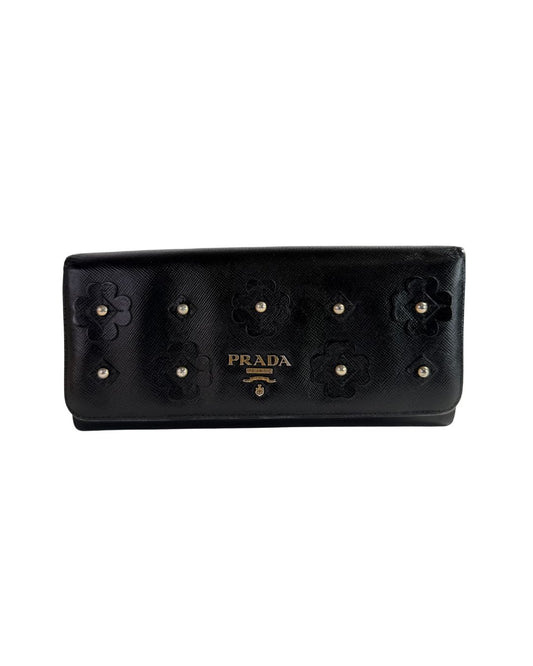 Prada Saffiano Leather Floral Appliqué Continental Flap Wallet Black
