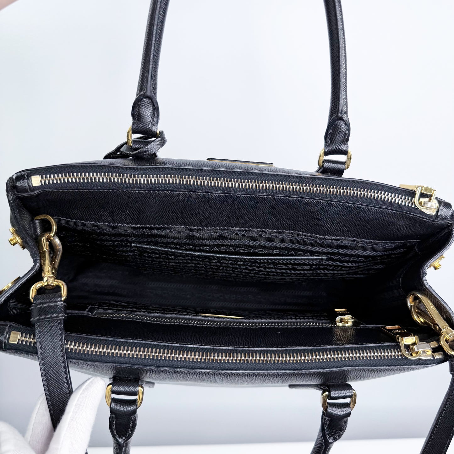 Prada Black Saffiano Leather Small Double Zip Galleria Tote w/ Strap