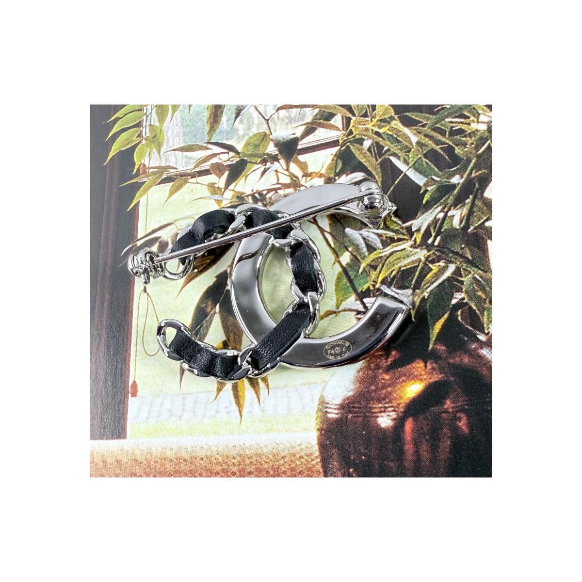 Chanel CC Crystal & Leather Chain Silver Tone Brooch