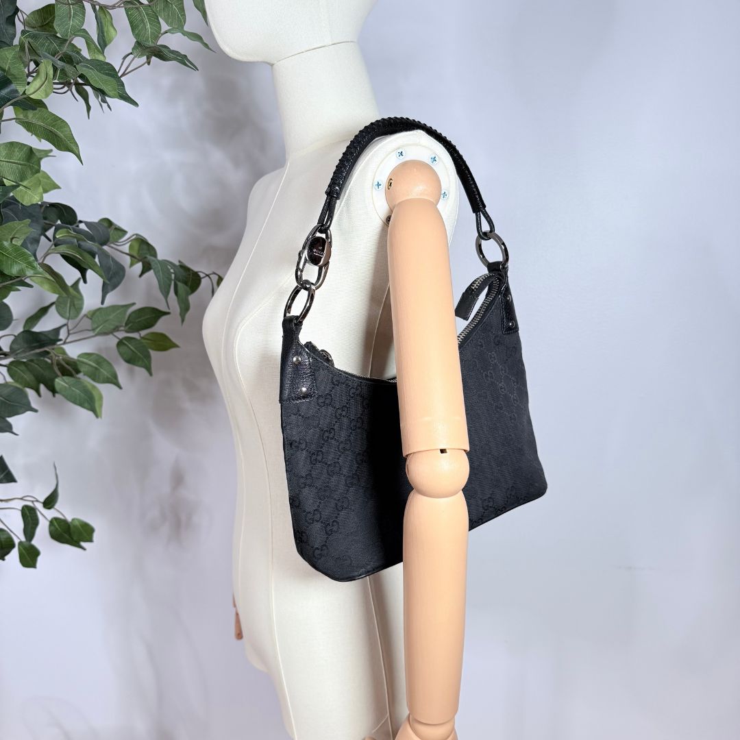 Gucci GG Canvas Leather Black Hobo Shoulder Bag