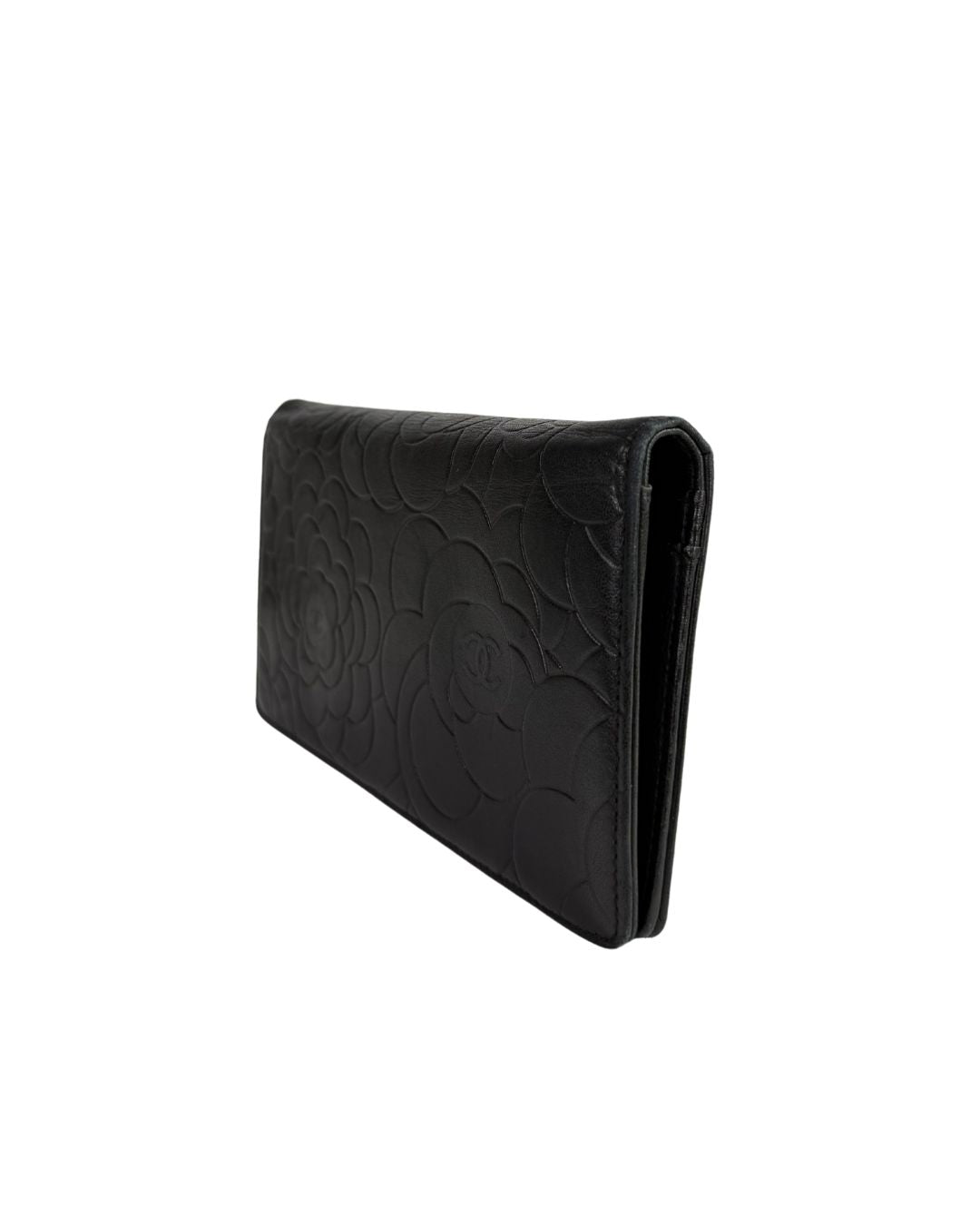 CHANEL Camellia Embossed Black Leather Long Wallet