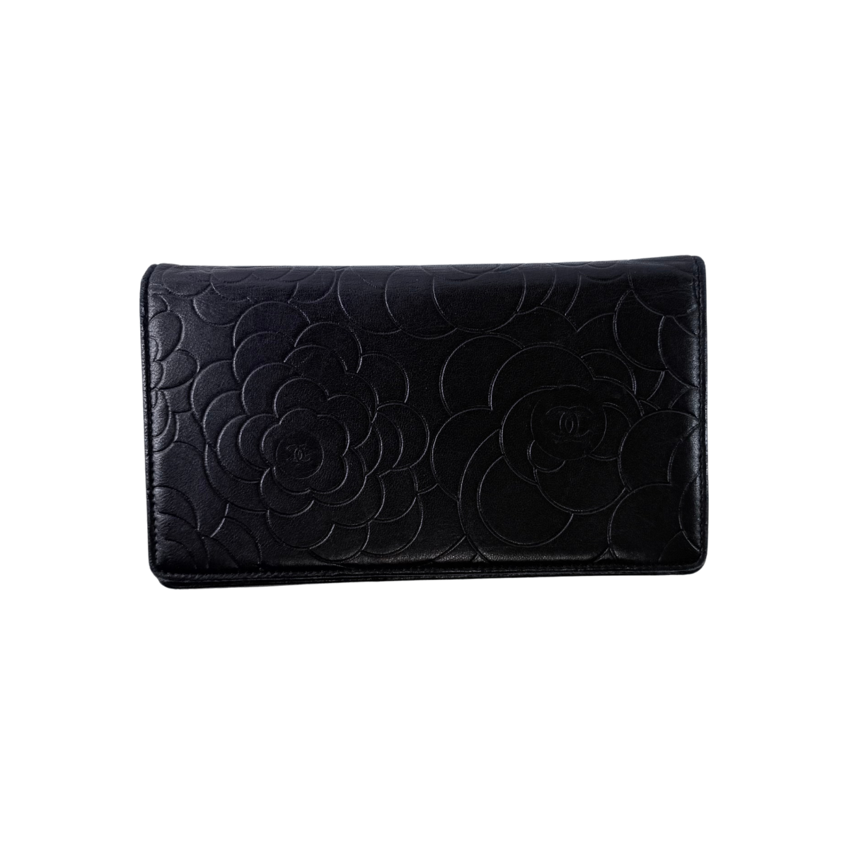 CHANEL Camellia Embossed Black Leather Long Wallet