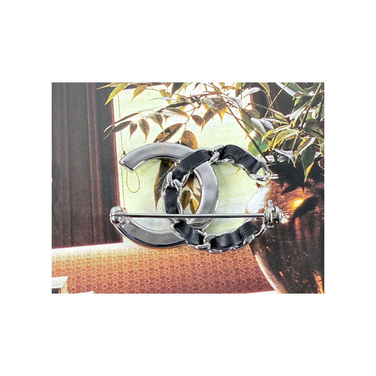 Chanel CC Crystal & Leather Chain Silver Tone Brooch