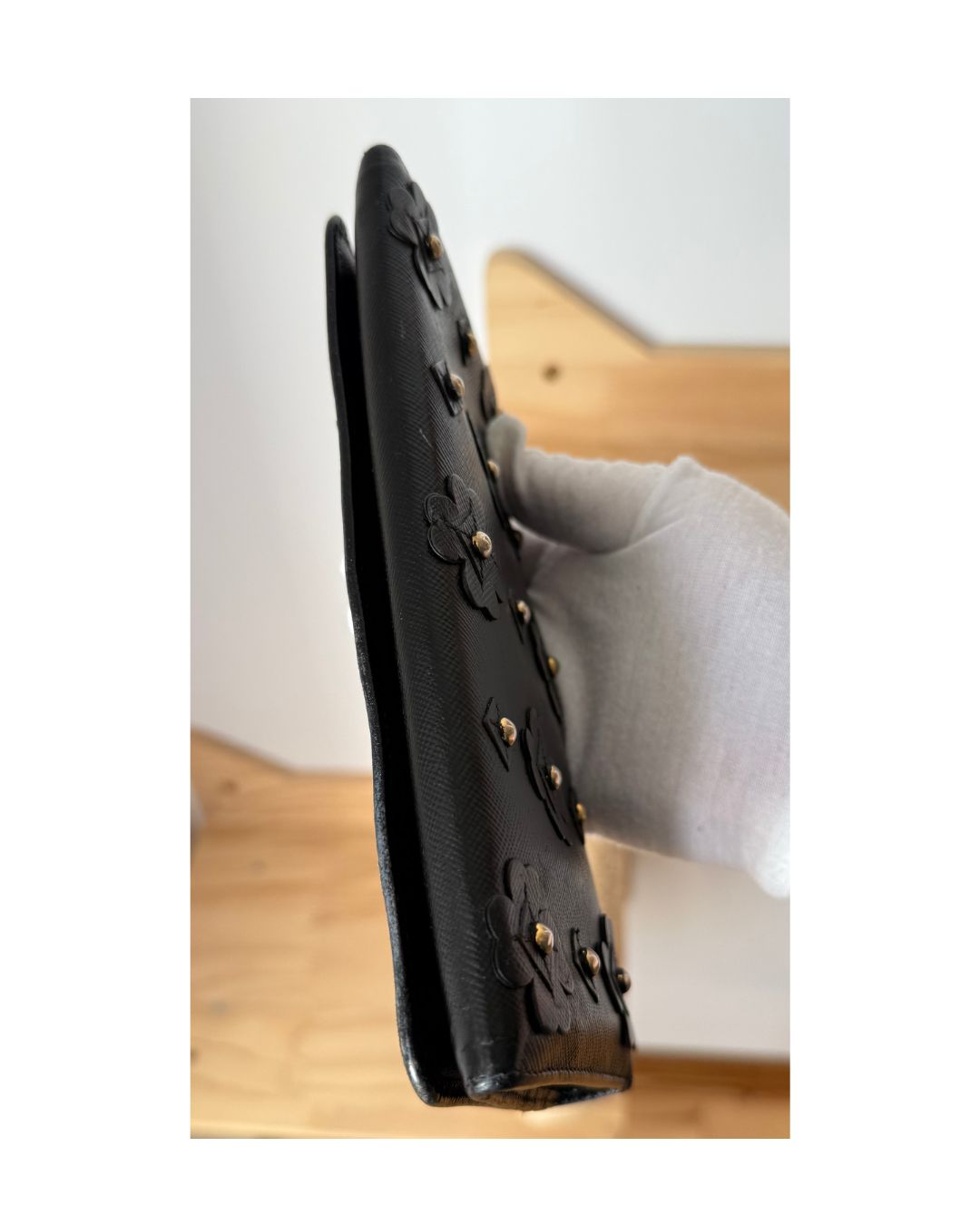 Prada Saffiano Leather Floral Appliqué Continental Flap Wallet Black