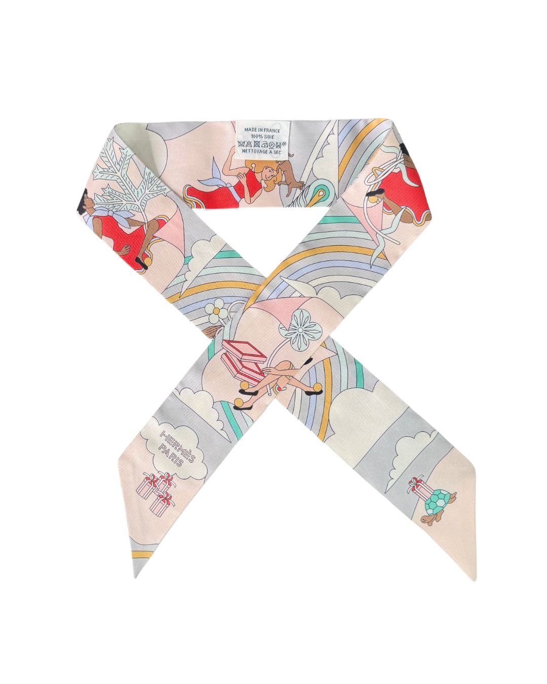 Hermès Carrés Volants Gris Perle Rose Pâle Grenadine Silk Twilly Scarf