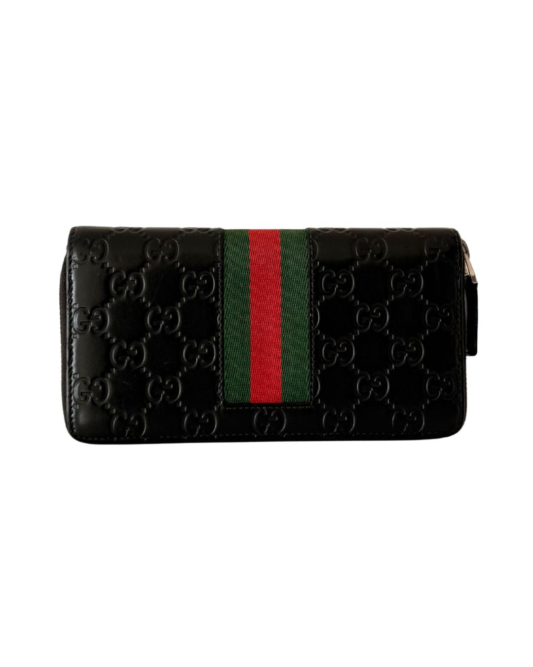 Gucci Web Guccissima Black Leather Zip Around Wallet