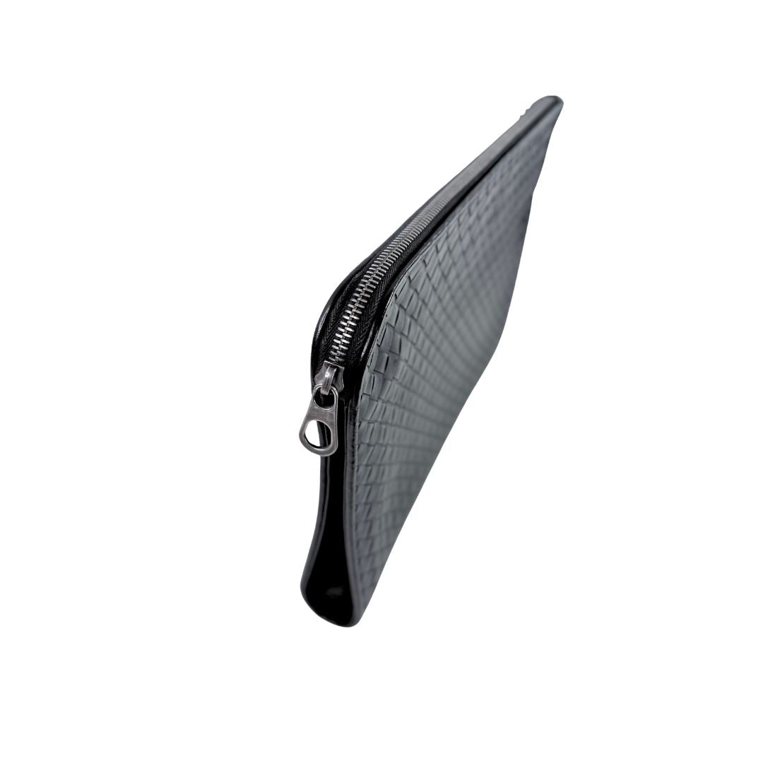 Bottega Veneta Intrecciato Portfolio Black Leather Zip Pouch