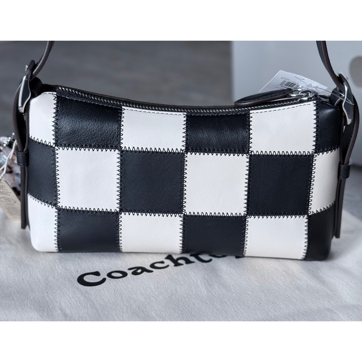 Coach SMALL Alter Ego Slouchy Checkerboard Black/White Shoulder Bag Coachtopia