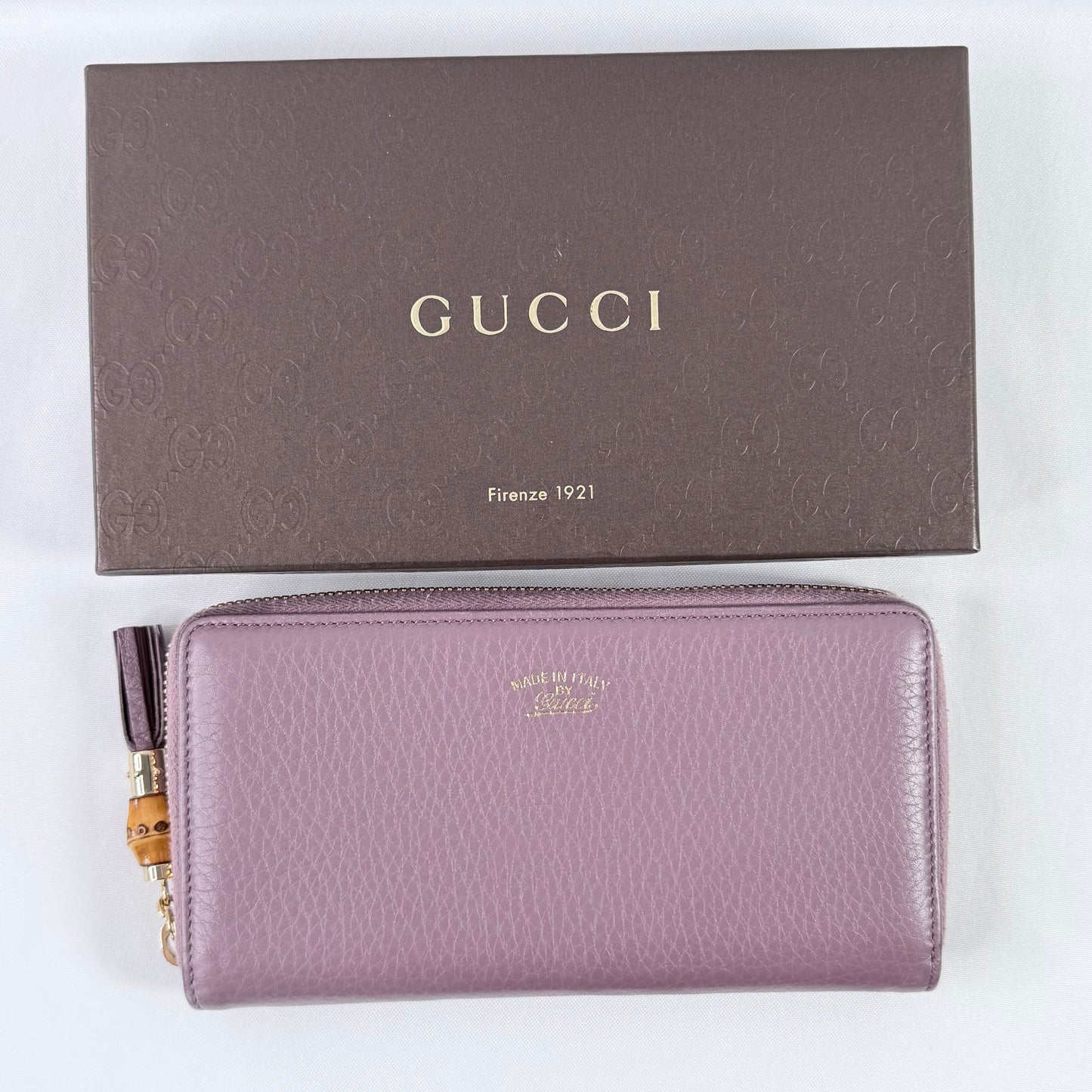 Gucci Purple Leather Bamboo Tassel Zip Around Wallet