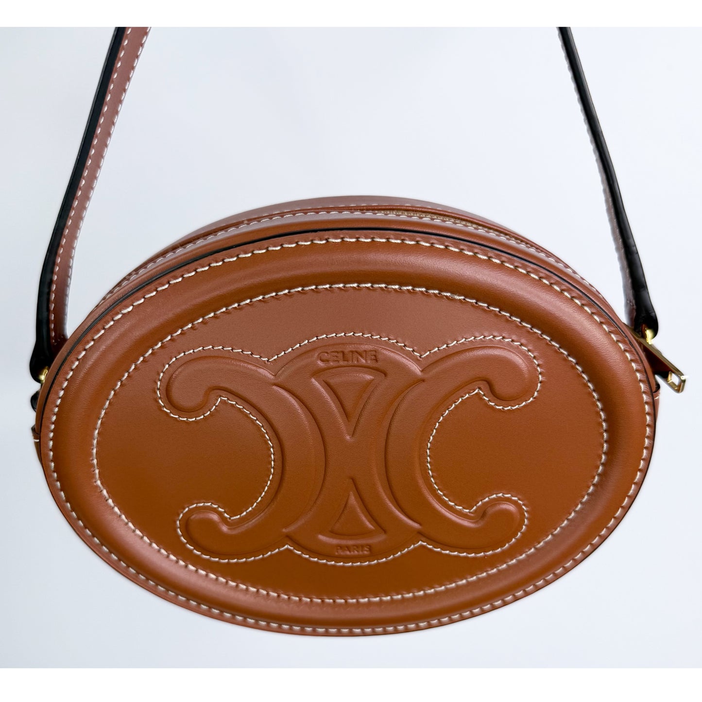 Celine Mini Triomphe Oval Crossbody Bag Tan Smooth Calfskin Leather Cuir