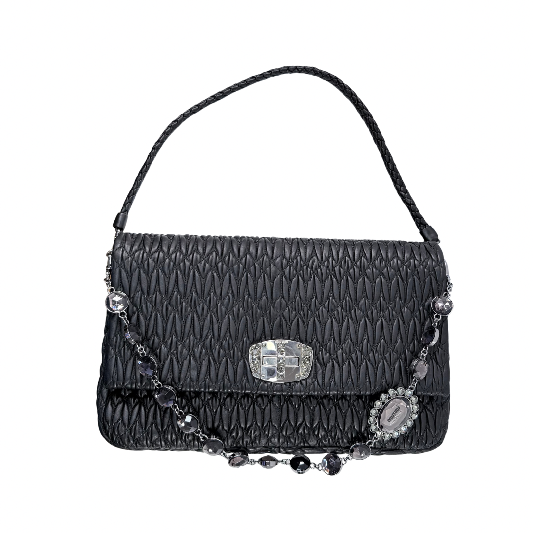 Miu Miu Black Crystal Cloquè Large Bag with Silver Hardware