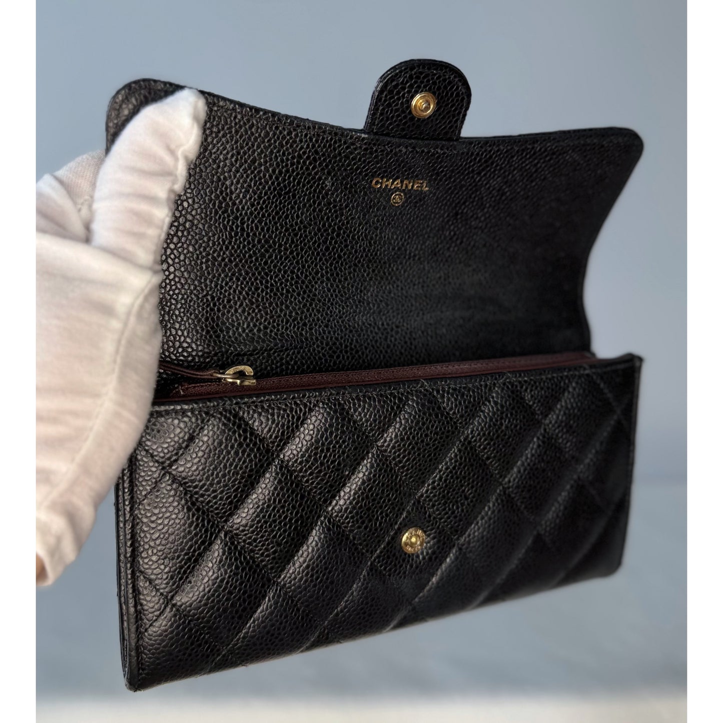 Chanel Classic Quilted Caviar Long Flap Wallet Gold CC Logo