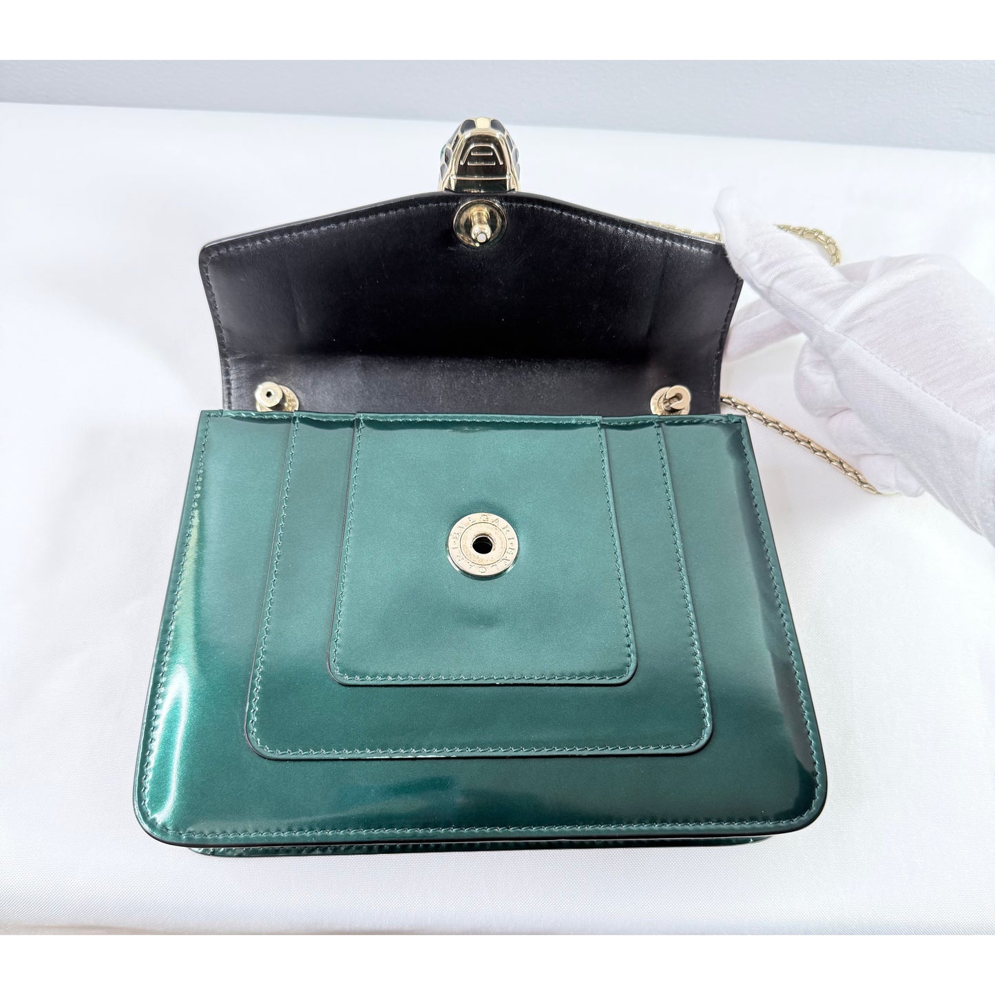 Bvlgari Serpenti Forever Mini Emerald Green Patent Leather Wallet on Chain Bag