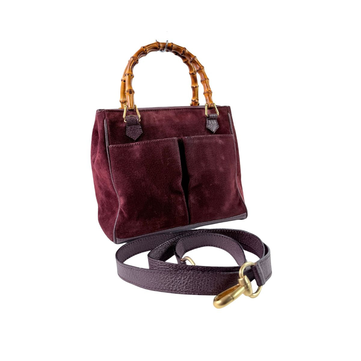 Gucci Bamboo Top Handle Burgundy Suede Leather Bag