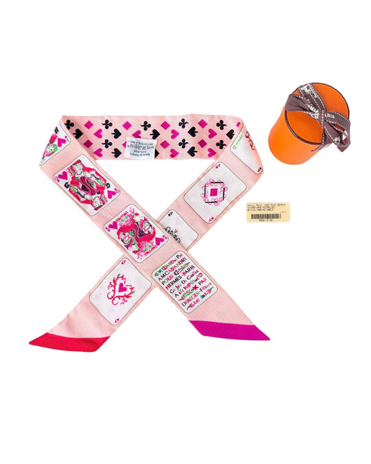 Hermès Jeux de Cartes Pink Silk Twilly Scarf