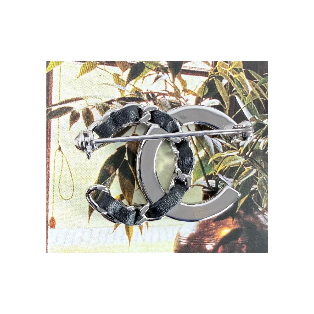 Chanel CC Crystal & Leather Chain Silver Tone Brooch