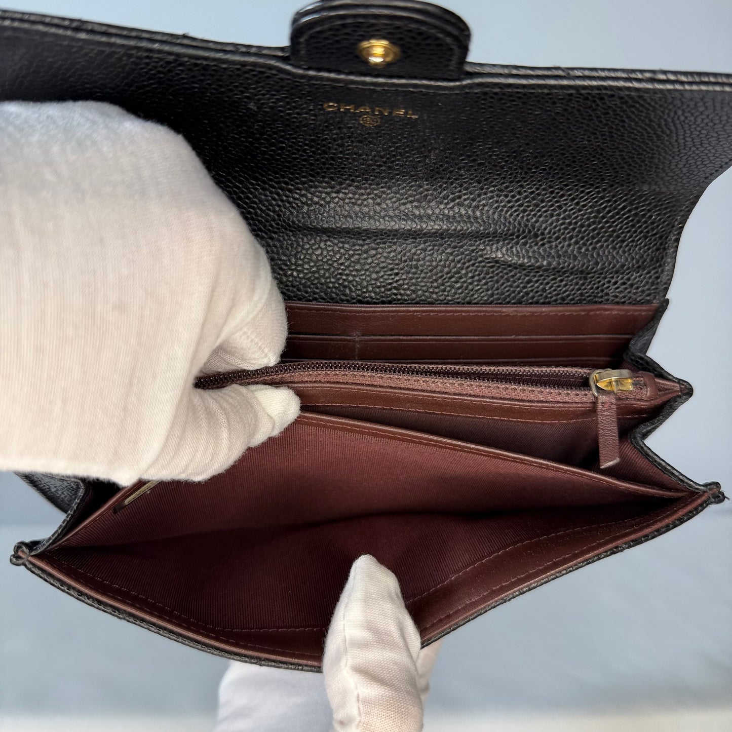 Chanel Classic Quilted Caviar Long Flap Wallet Gold CC Logo