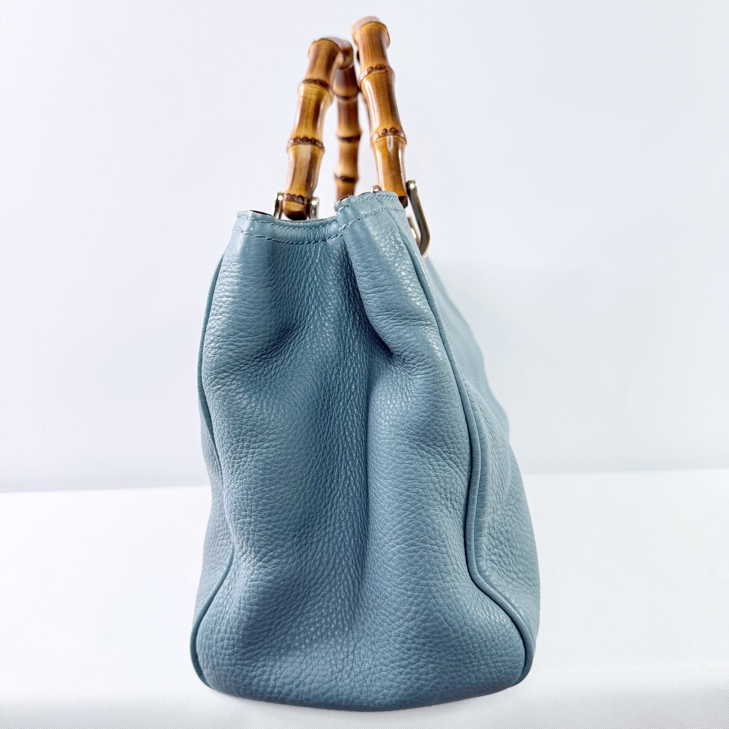 Gucci  Bamboo Pebbled Leather Blue Shopper Tote