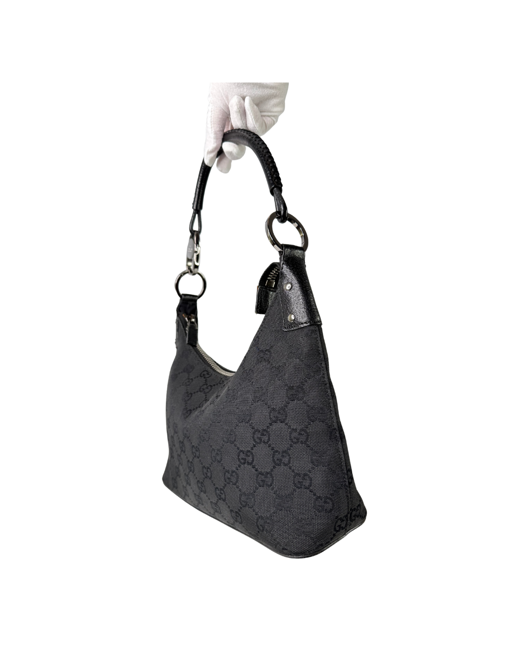 Gucci GG Canvas Leather Black Hobo Shoulder Bag
