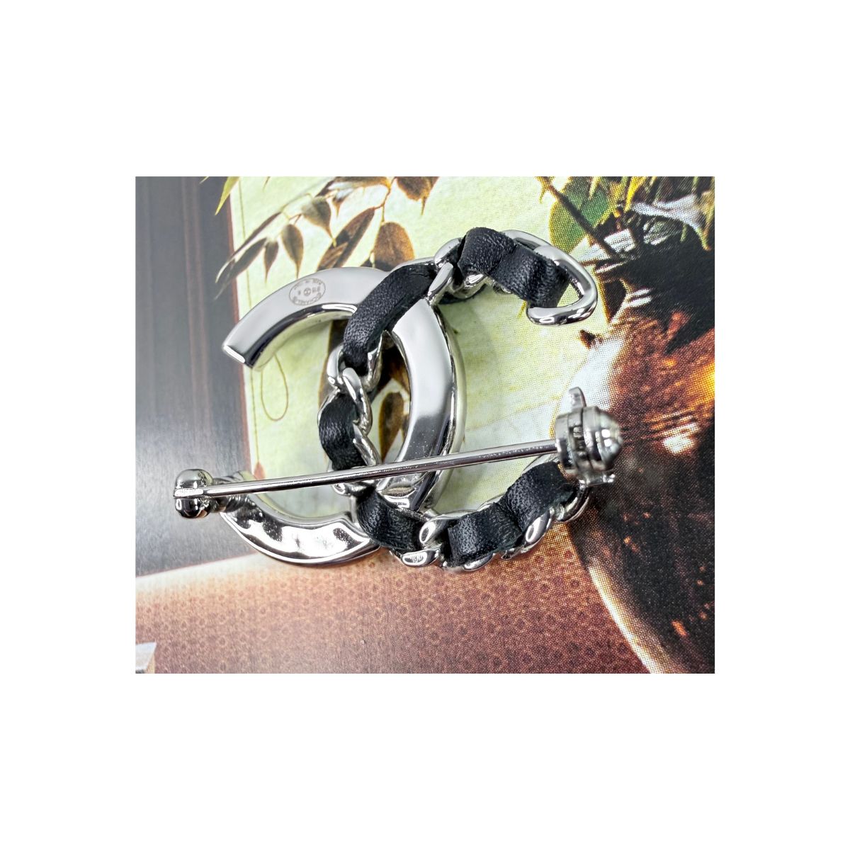 Chanel CC Crystal & Leather Chain Silver Tone Brooch