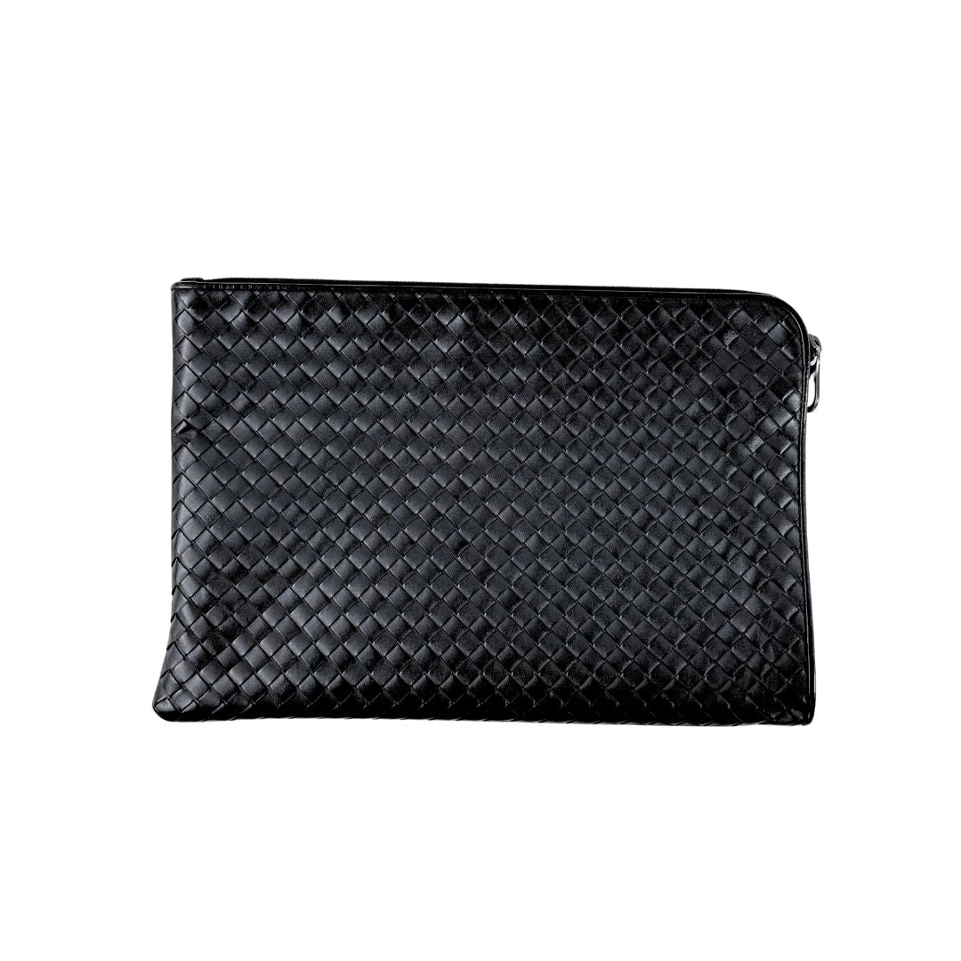 Bottega Veneta Intrecciato Portfolio Black Leather Zip Pouch