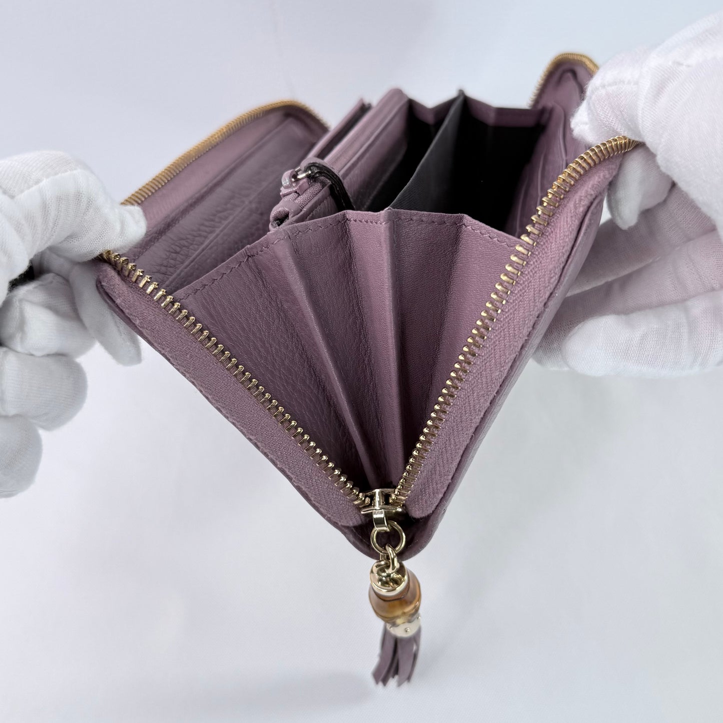 Gucci Purple Leather Bamboo Tassel Zip Around Wallet