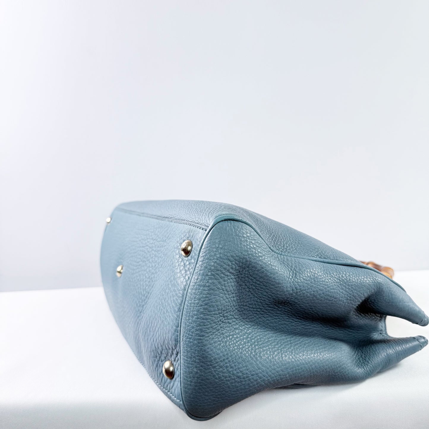 Gucci  Bamboo Pebbled Leather Blue Shopper Tote