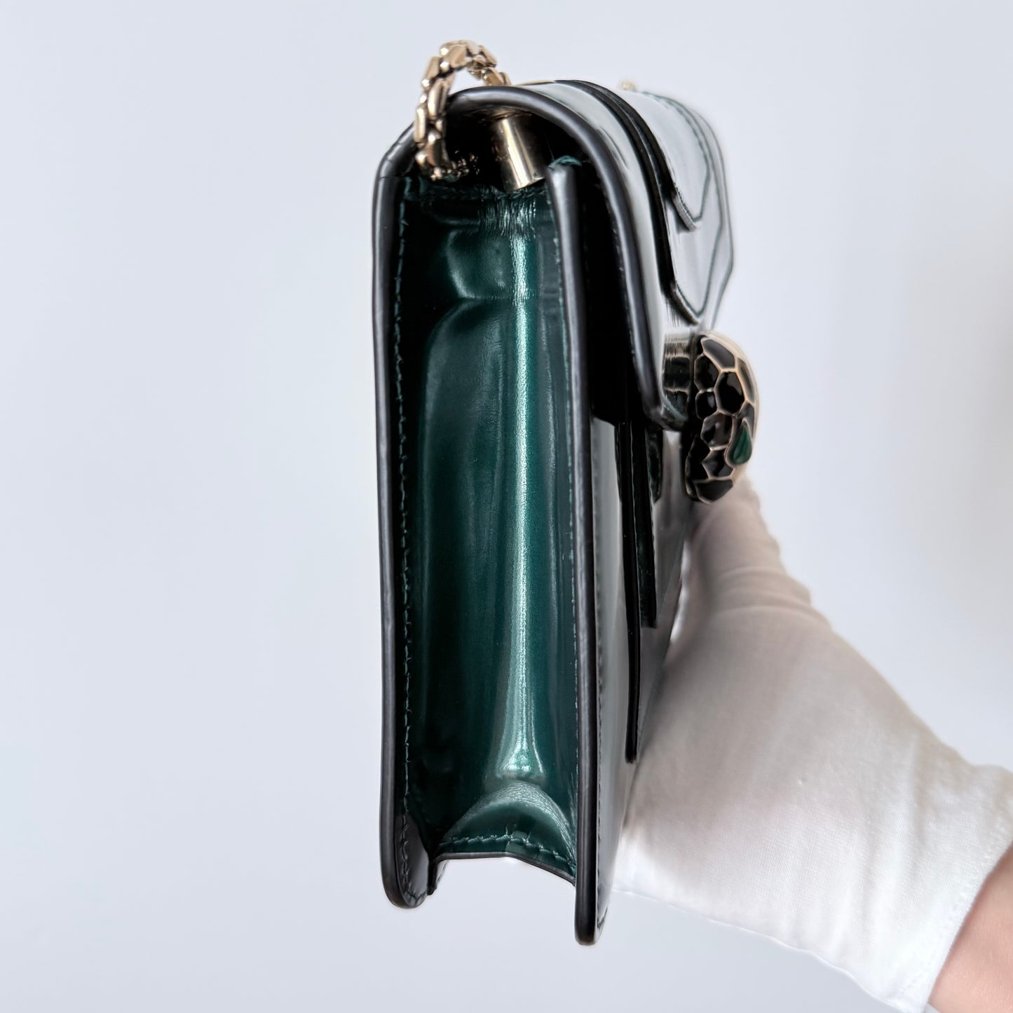Bvlgari Serpenti Forever Mini Emerald Green Patent Leather Wallet on Chain Bag